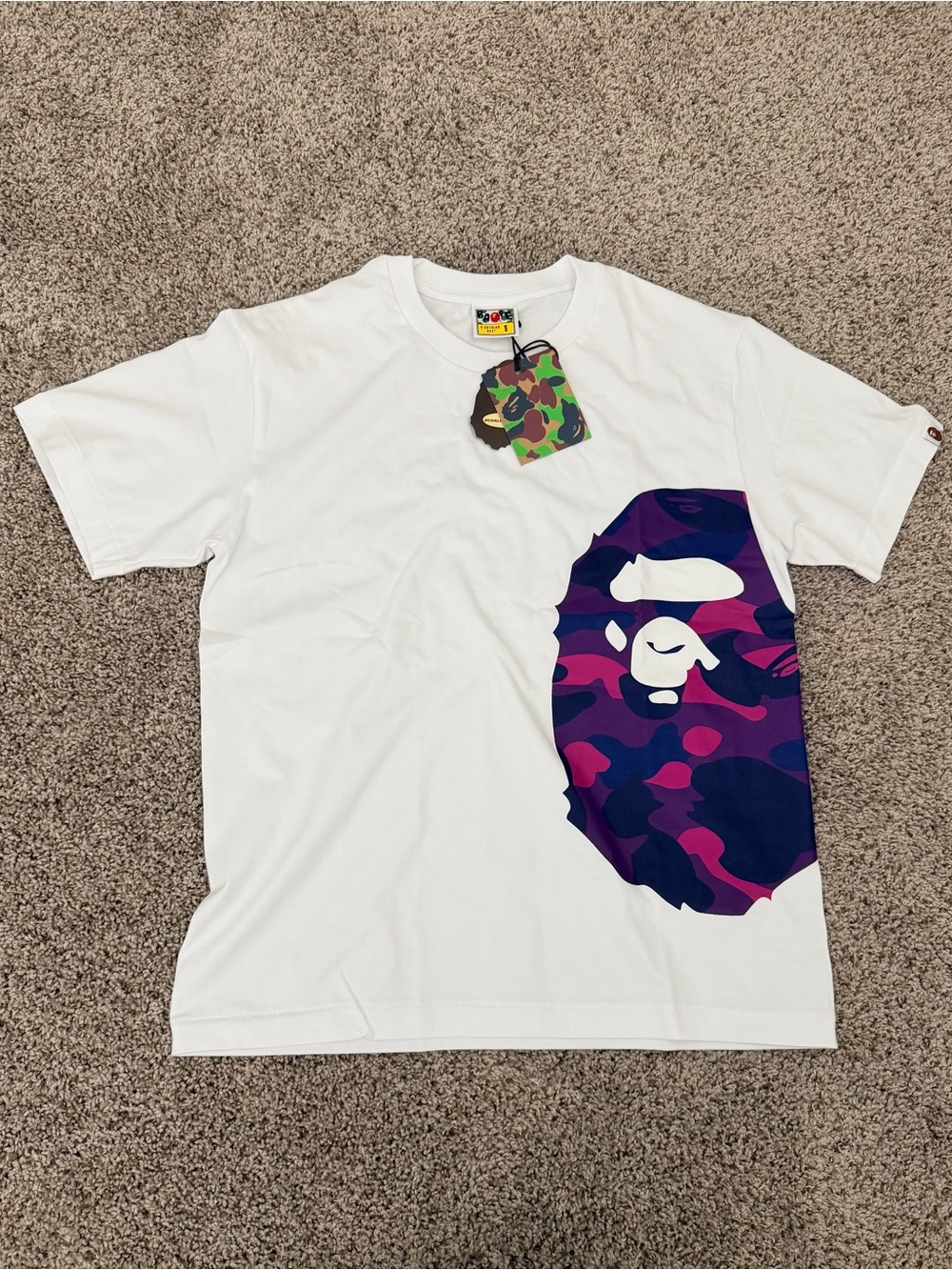 Bape White Tee with Purple & Pink Camo Ape Graphic